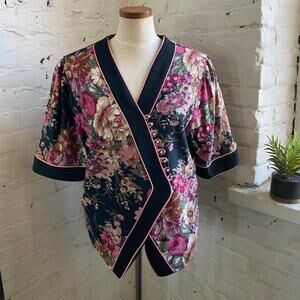 ❌SOLD🏷️Vintage Floral Pink Kimono Shirt Rhinestones Avant Garde Coquette Top M